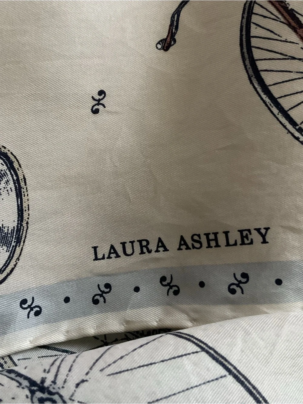 Vintage Laura Ashley Made In Italy 100% Silk Ivory Scarf w/ Black Bicycle Motif